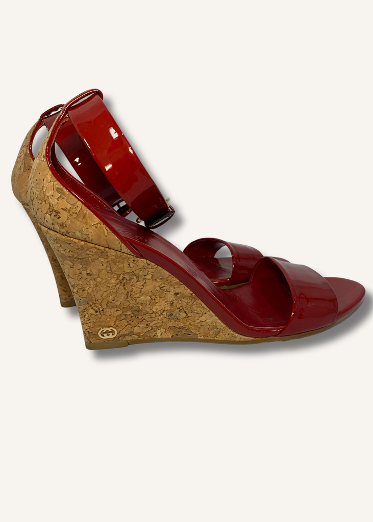 Gucci Red Patent Leather Cork Wedges