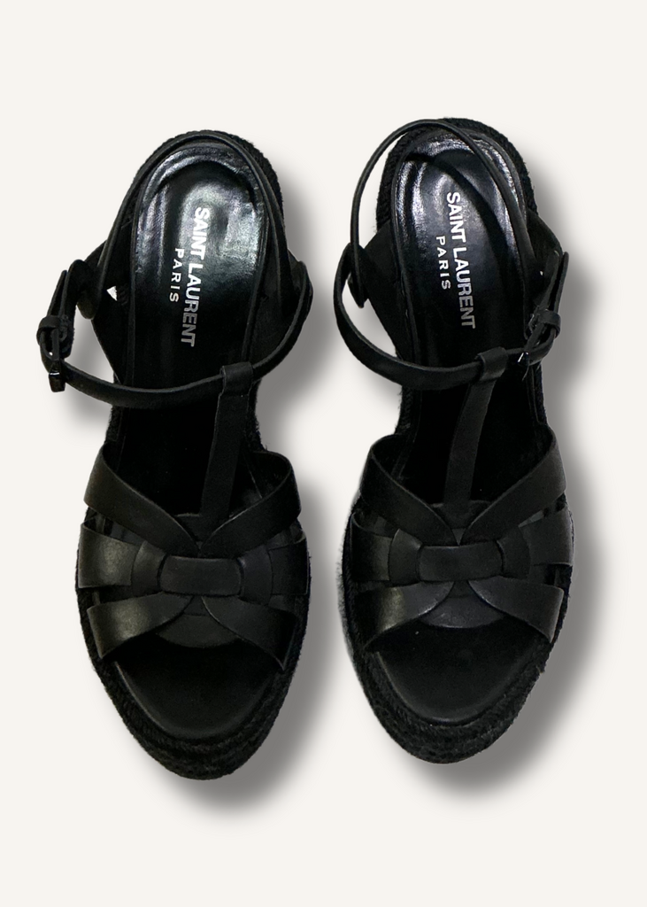 Saint Laurent Black Calfskin Tribute 95 Platform Espadrille Wedge Sandals