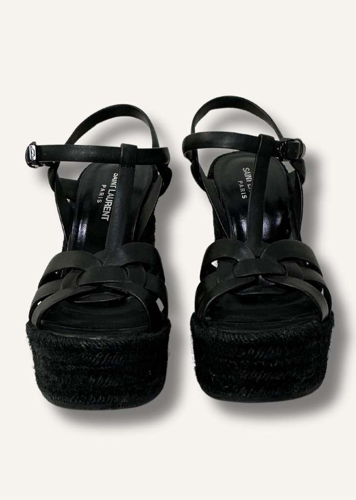 Saint Laurent Black Calfskin Tribute 95 Platform Espadrille Wedge Sandals