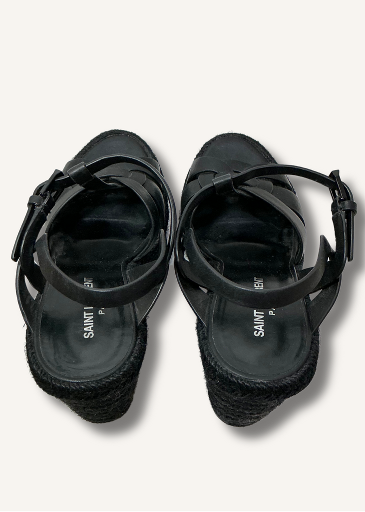 Saint Laurent Black Calfskin Tribute 95 Platform Espadrille Wedge Sandals