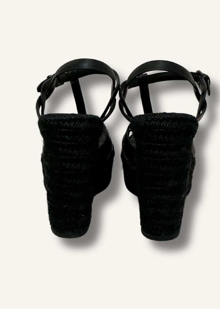 Saint Laurent Black Calfskin Tribute 95 Platform Espadrille Wedge Sandals