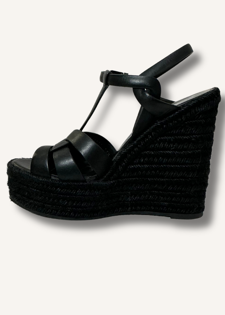 Saint Laurent Black Calfskin Tribute 95 Platform Espadrille Wedge Sandals