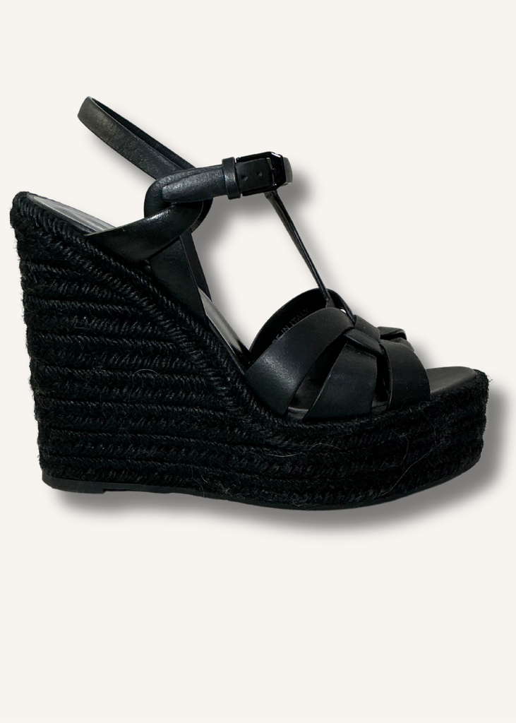 Saint Laurent Black Calfskin Tribute 95 Platform Espadrille Wedge Sandals