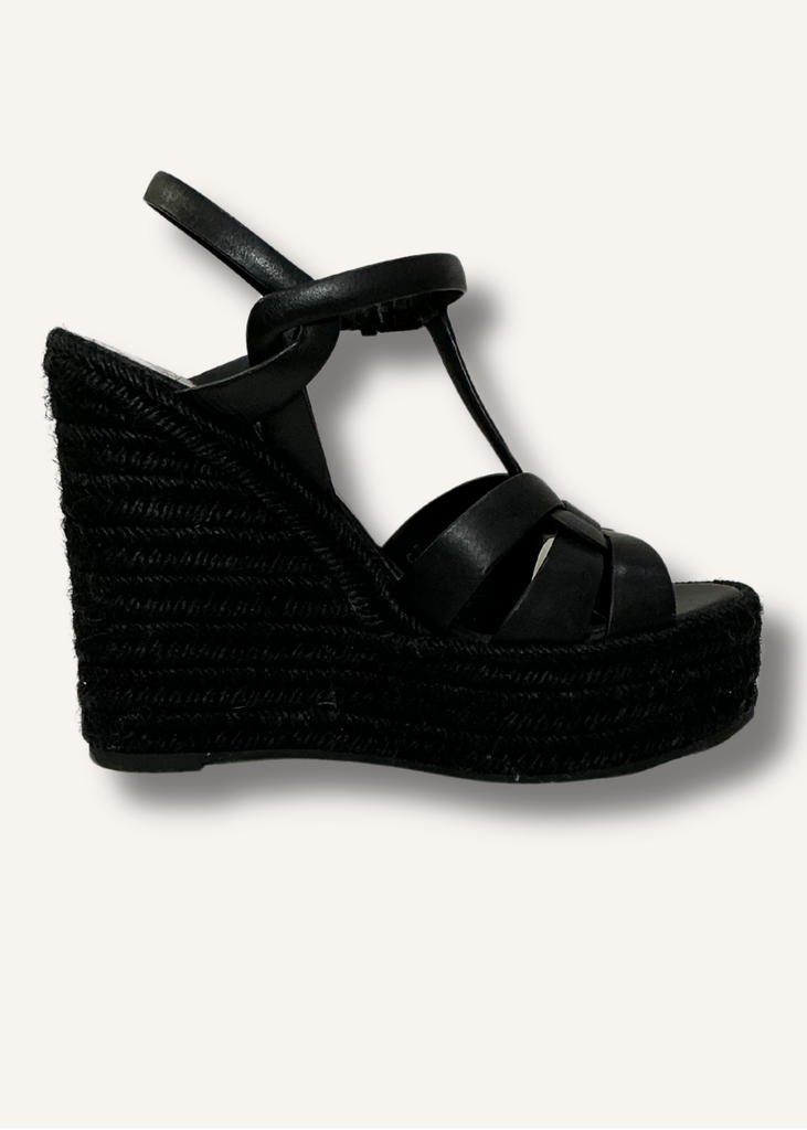Saint Laurent Black Calfskin Tribute 95 Platform Espadrille Wedge Sandals