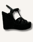 Saint Laurent Black Calfskin Tribute 95 Platform Espadrille Wedge Sandals