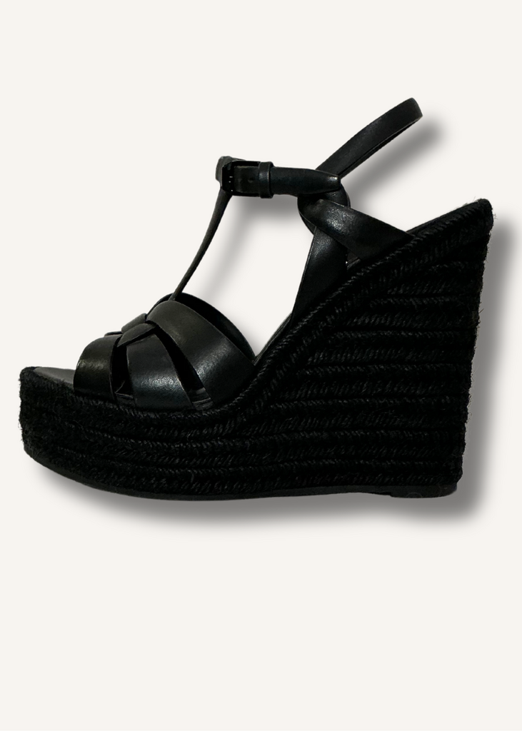 Saint Laurent Black Calfskin Tribute 95 Platform Espadrille Wedge Sandals