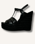 Saint Laurent Black Calfskin Tribute 95 Platform Espadrille Wedge Sandals