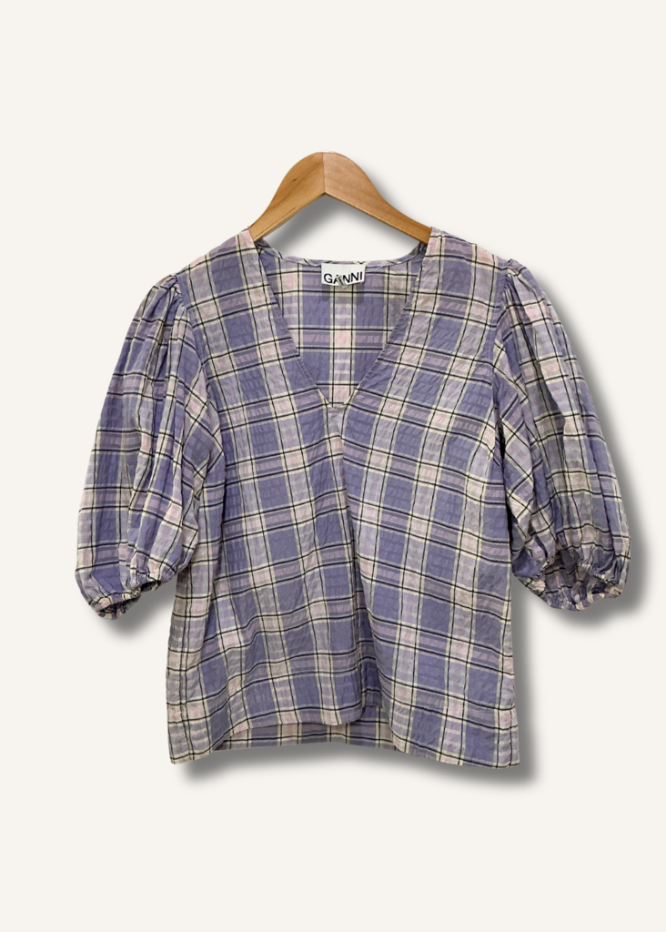 Ganni Seersucker Plaid Puff Sleeve Top