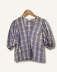 Ganni Seersucker Plaid Puff Sleeve Top
