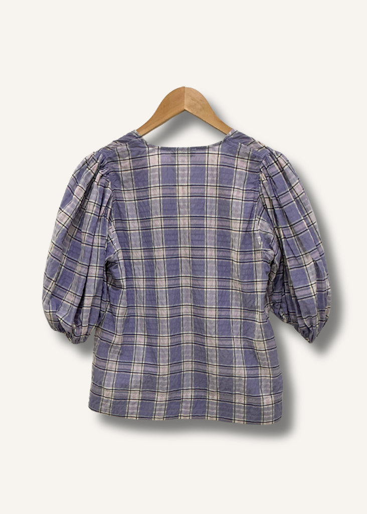 Ganni Seersucker Plaid Puff Sleeve Top