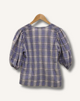Ganni Seersucker Plaid Puff Sleeve Top