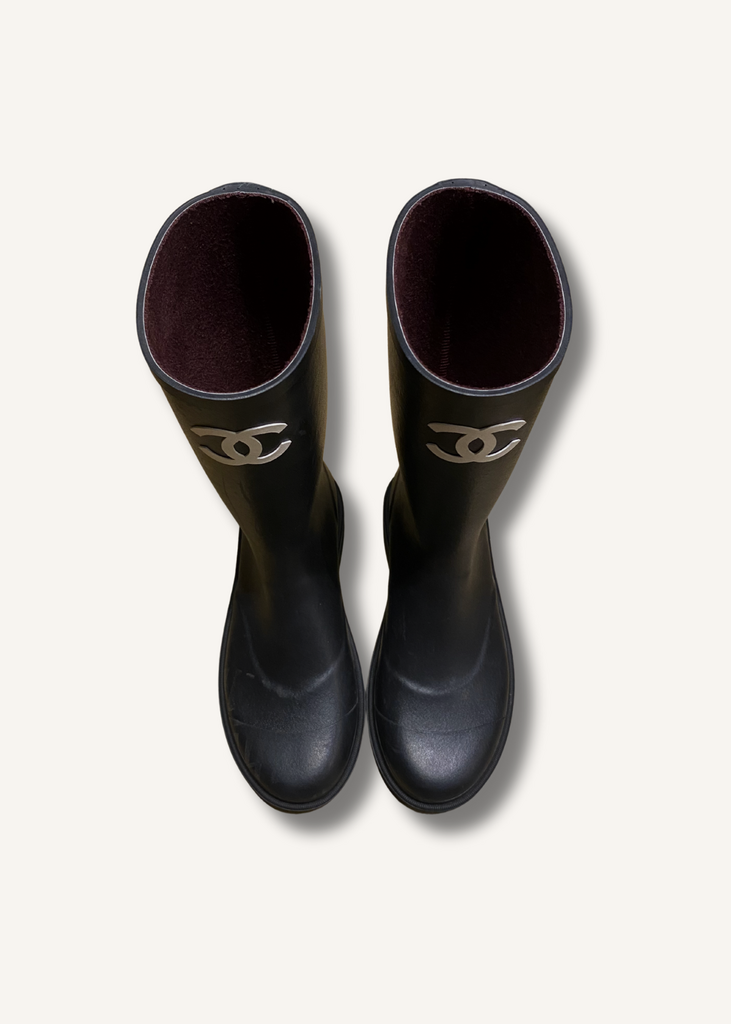 Chanel Black Caoutchouk CC Rainboots