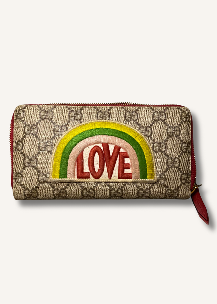 Gucci Red GG Supreme Monogram Embroidered Rainbow Zip Around Wallet