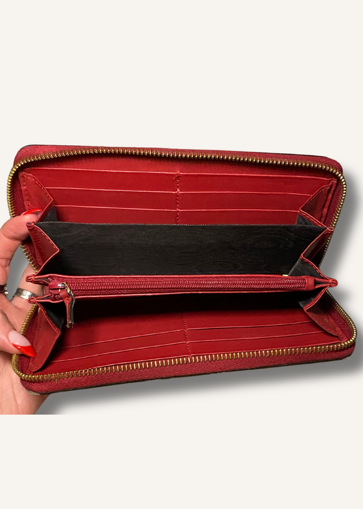 Gucci Red GG Supreme Monogram Embroidered Rainbow Zip Around Wallet
