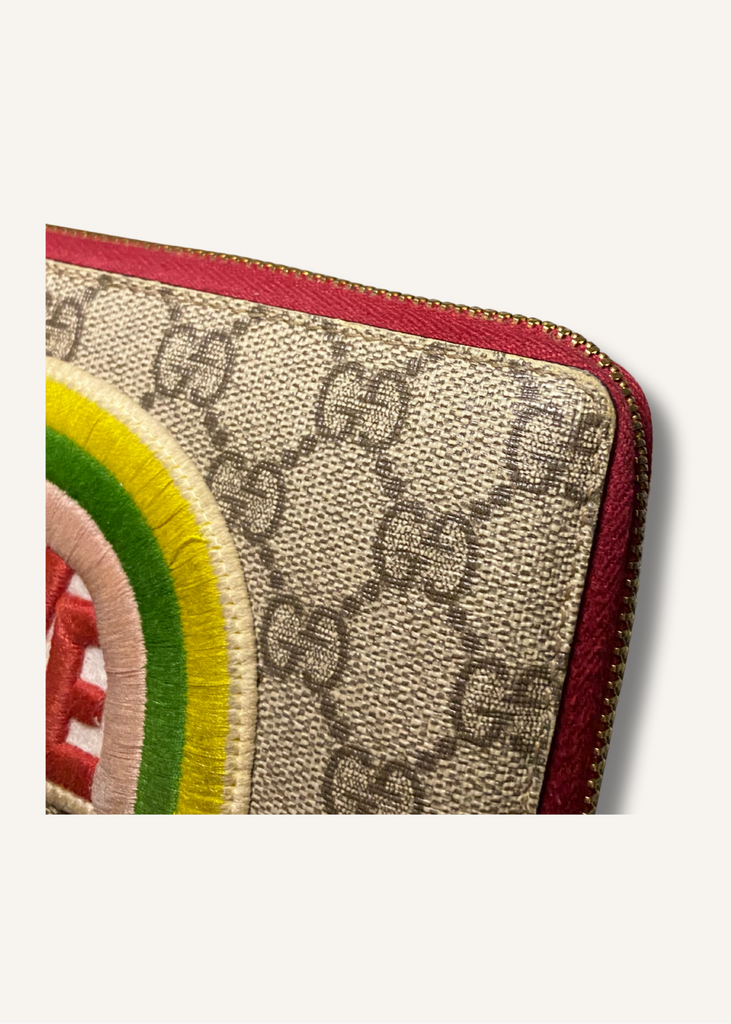 Gucci Red GG Supreme Monogram Embroidered Rainbow Zip Around Wallet
