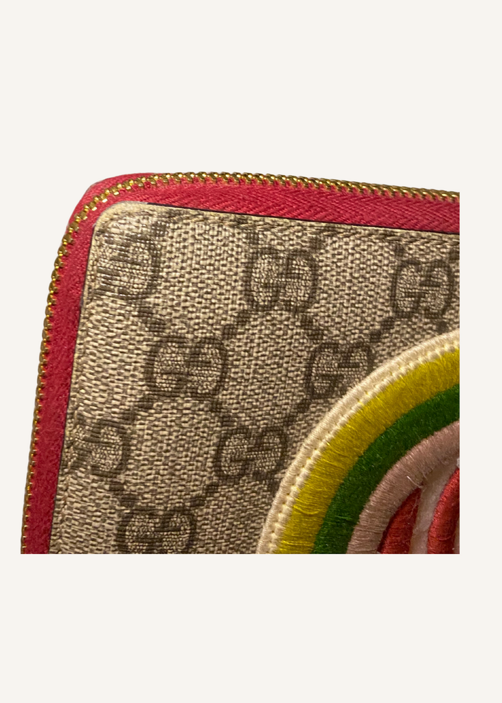 Gucci Red GG Supreme Monogram Embroidered Rainbow Zip Around Wallet