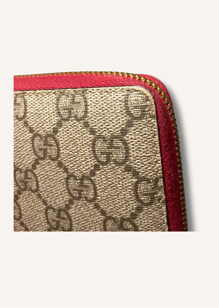 Gucci Red GG Supreme Monogram Embroidered Rainbow Zip Around Wallet