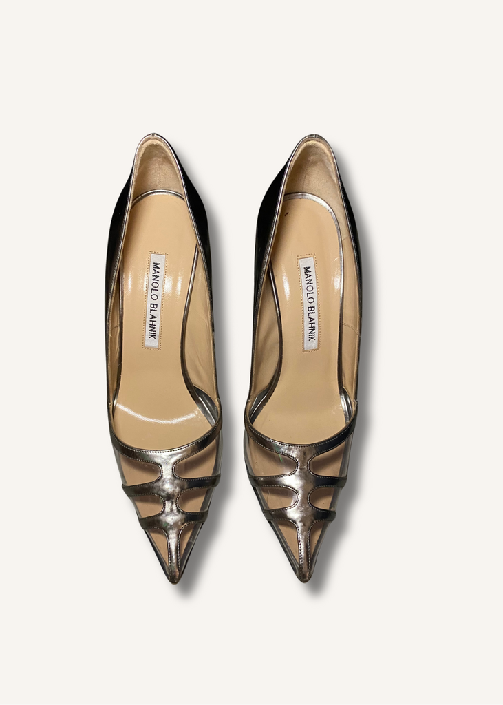 Manolo Blahnik Gotria Silver Specchio PVC BB Pumps