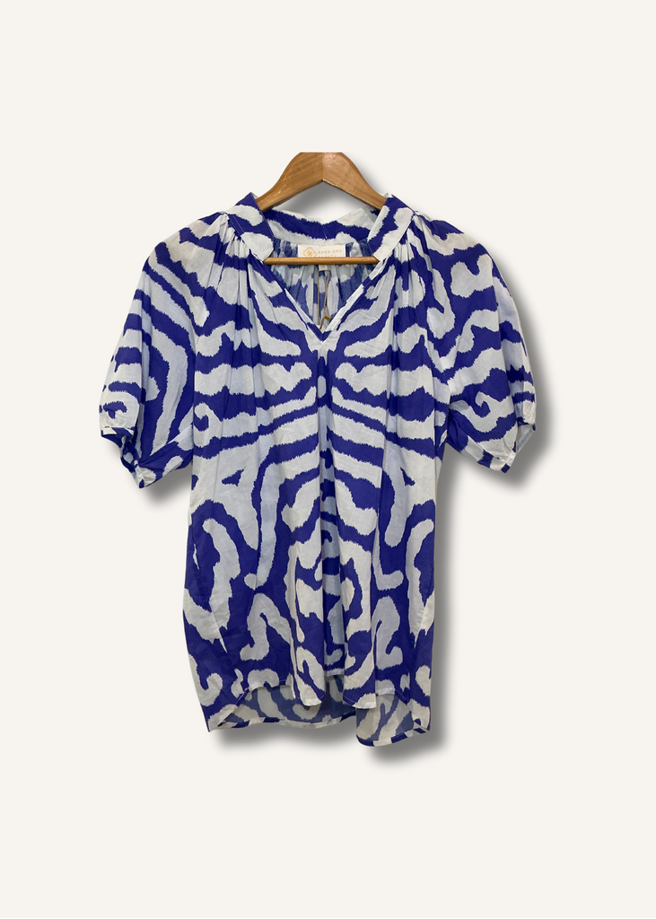 Sheridan French Dana Blouse in Blue + White Tiger