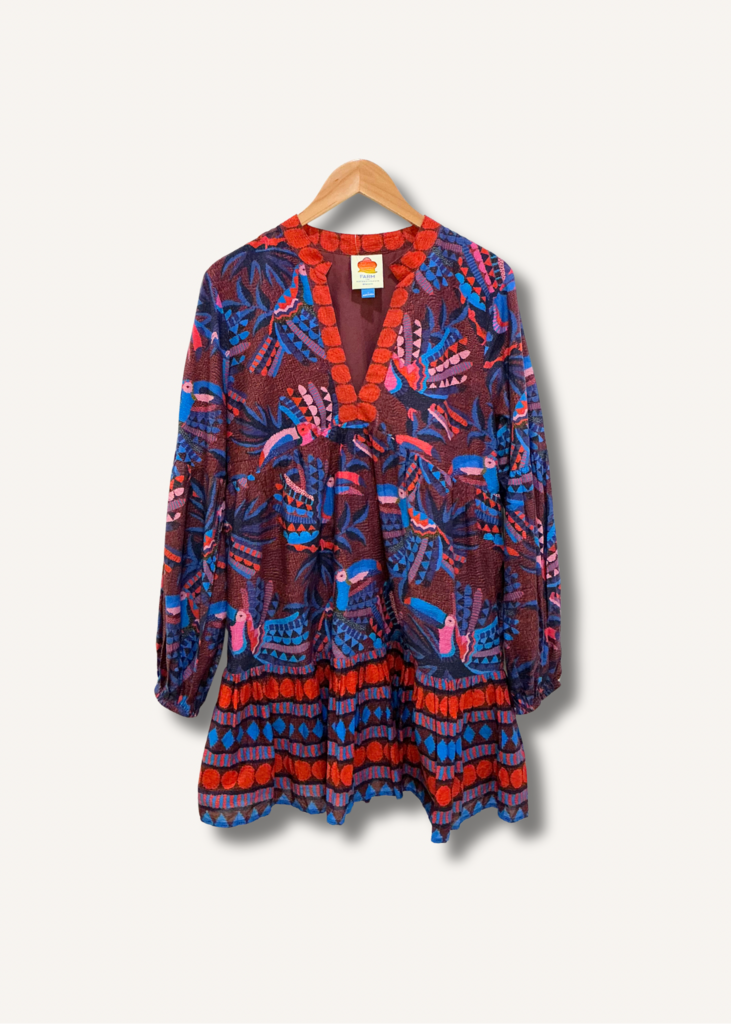 Farm Rio Long-Sleeve V-Neck Printed Mini Dress