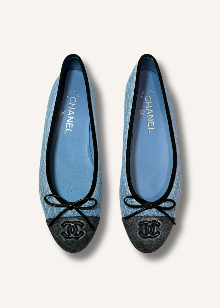 Chanel Denim Printed Quilt Cap Toe Flats