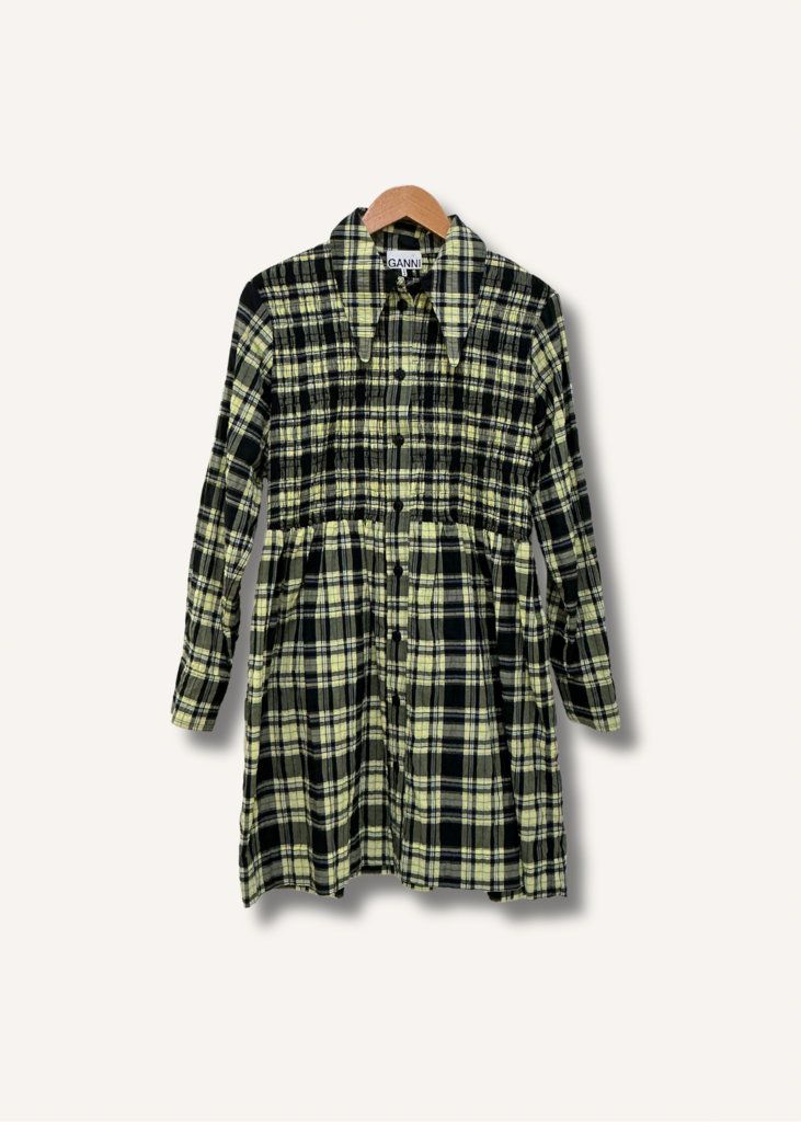 Ganni Seersucker Check Smocked Shirt Dress